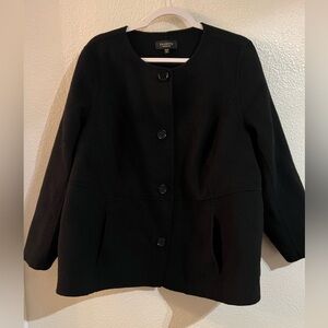 Talbots Black Collarless Button-Front Wool-Blend Peacoat